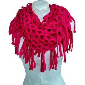 Womens Chunky Knit Poncho Infinity Loop Scarf Hot Pink Fringe Wrap Open Weave